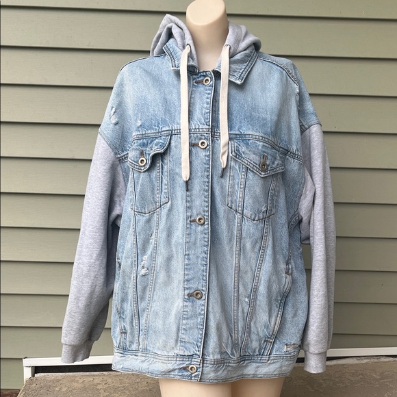 Aerie Light Blue Denim Jacket with Gray Sleeves - Picture 1 of 16